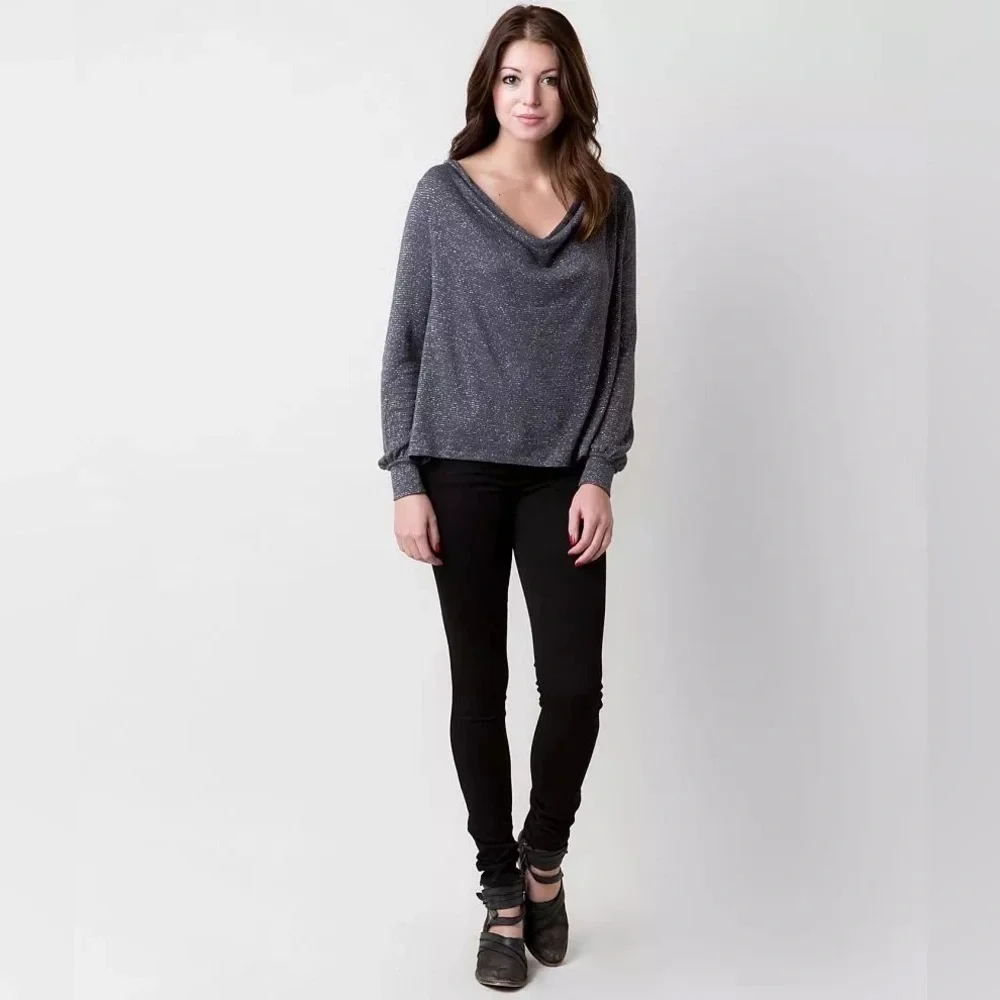 Free People Metallic Shimmer Draped Cowl Neck Long Sleeve Boho Oversized Top S